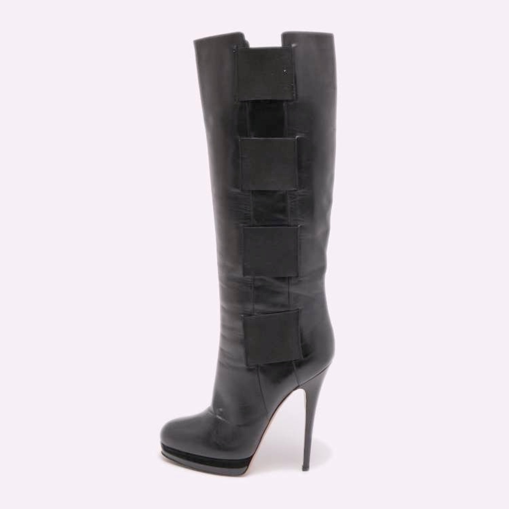 Casadei Knee High Black Leather Boots with Elastic Detail. Sz. 7 - Picture 2 of 8